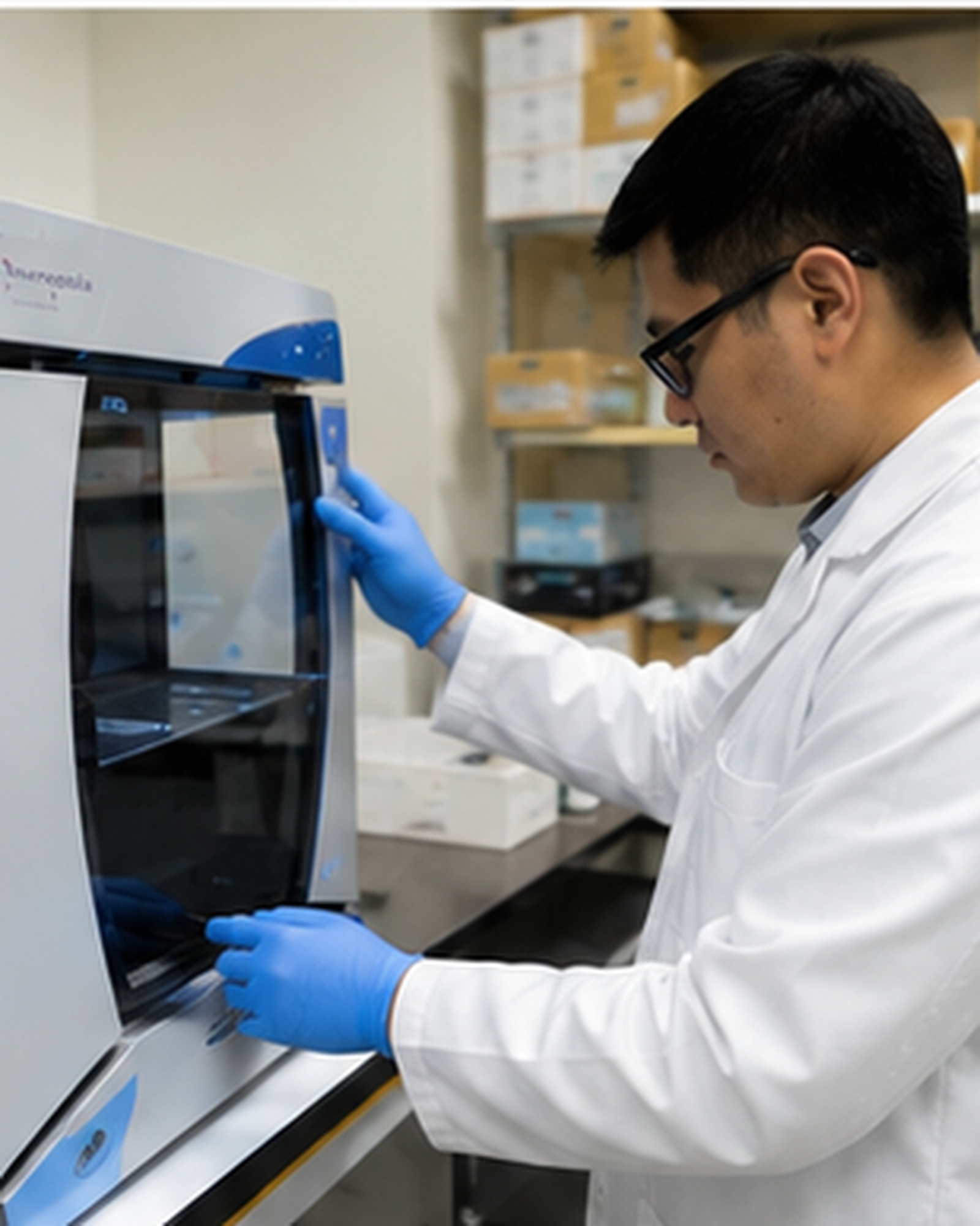Scientist operating a microplate reader